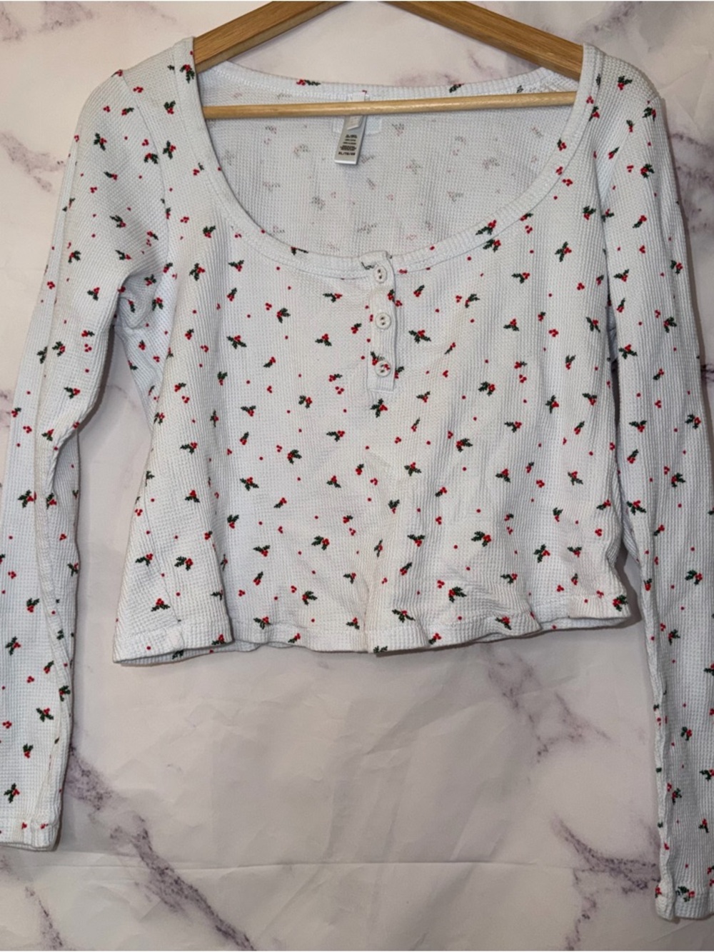 Skims Waffle Sleep Long Sleeve Top in White Holly Print